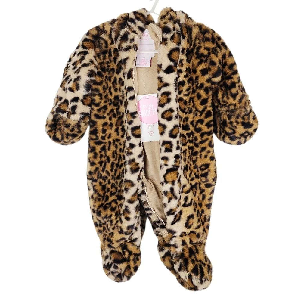 Liv & Lottie Baby Girls Cozy Leopard Faux Fur 3D Ear Hoodie One Piece Bodysuit